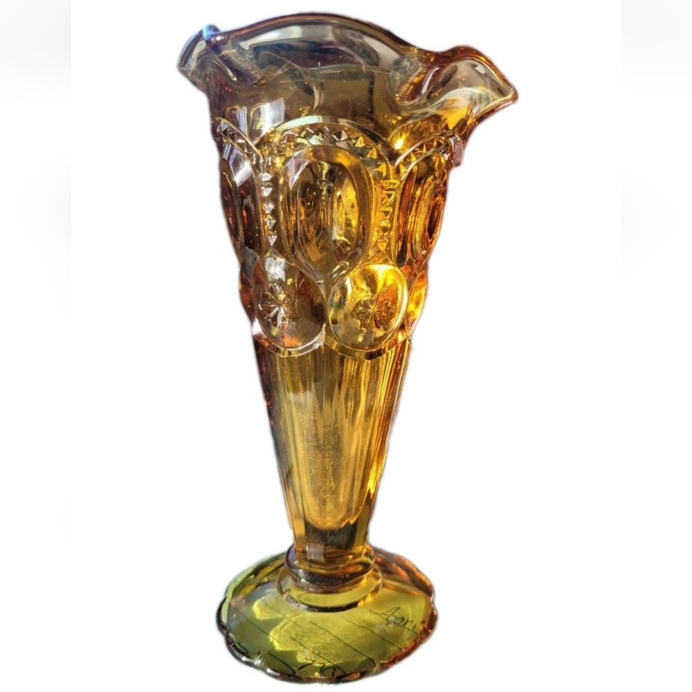 Le Smith Vintage Amber Glass Vase with Moon Star Pattern and Ruffled Edge - Picture 3 of 5